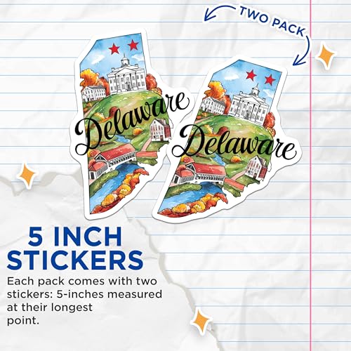 (2 Pack) Delaware State Architecture Stickers - Scenic Delaware Landscape - Delaware State Pride Art - 5" On Longest Side - Sticks to Smooth Flat Surfaces - Made in USA - BMCS6286