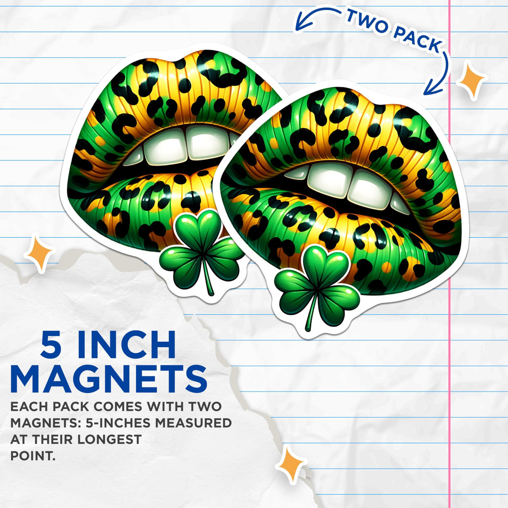 (2 Pack) St Patricks Day Lips Magnets - Shamrocks - Leopard Print - Lucky Irish Decor - 5" On Longest Side - Premium Magnet - for Cars, Refrigerators, Toolboxes, Lockers - Made in USA - MAG17136
