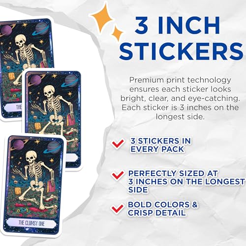 (3 Pack) Clumsy Skeleton Decals - Outer Space Art - Tarot Card Decal - 3 Inches On Longest Side - Easy Peel & Apply - Made in USA - 3MCS8760