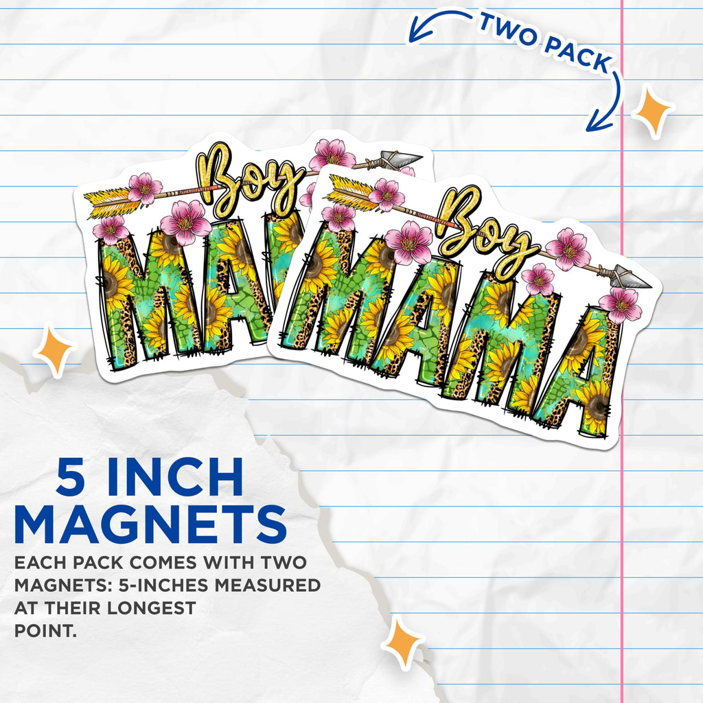 (2 Pack) Boy Mama Magnets - Sunflower Leopard Print - Bohemian Arrow Floral Decor - Mom of Boys Life - 5 Inches On Longest Side - Thick Durable Magnet - Made in USA - MAG23893