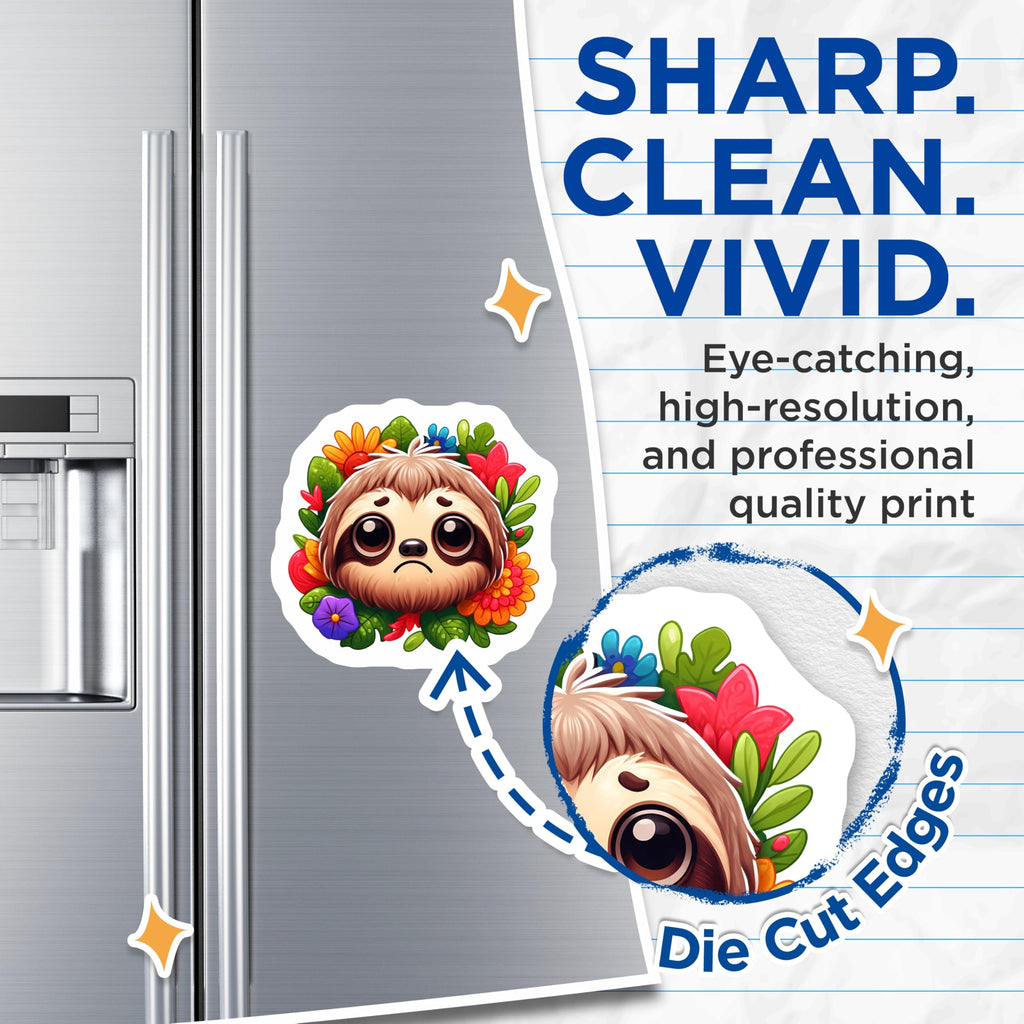 (2 Pack) Cute Sad Sloth Magnets - Floral Wreath Decor - Whimsical Animal Art - 5 Inches On Longest Side - Thick Durable Magnet - Made in USA - MAG21291