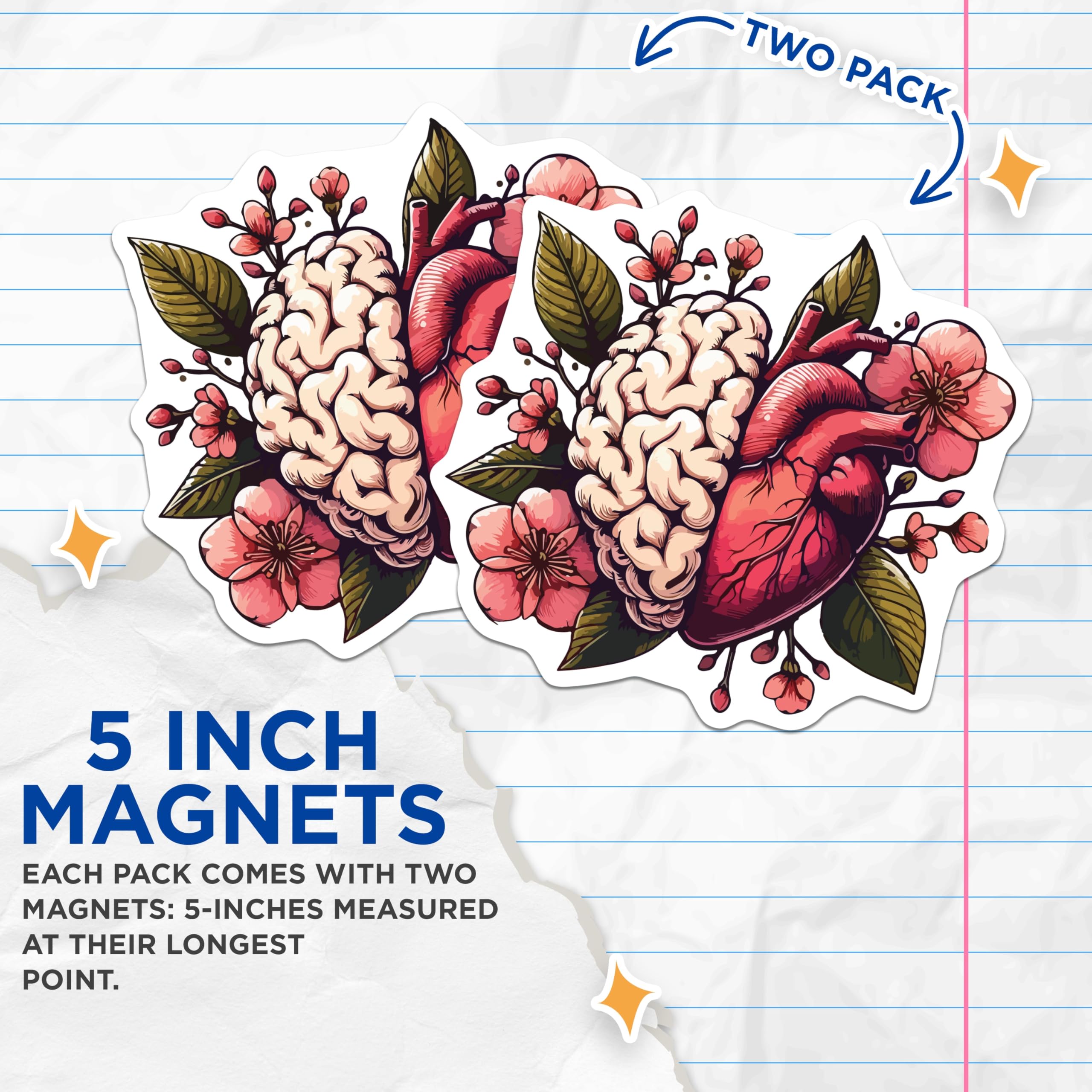 (2 Pack) Brain Heart Magnets - Floral Anatomy Art - Mind and Emotion Organ Design - Cherry Blossom Connection Decor - 5 Inches On Longest Side - Thick Durable Magnet - Made in USA - MAG19662