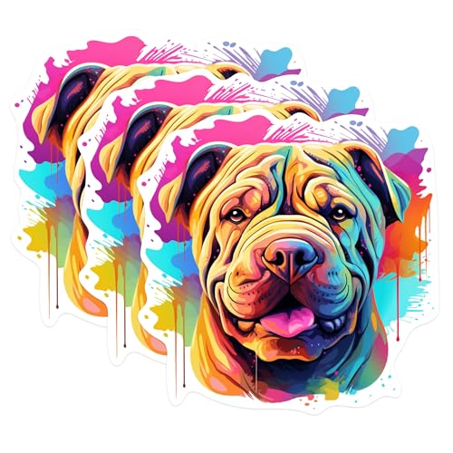 (3 Pack) Shar Pei Dog Decals - Colorful Dog Stickers - Laptop Decals - 3 Inches On Longest Side - Easy Peel & Apply - Made in USA - 3MCS0700