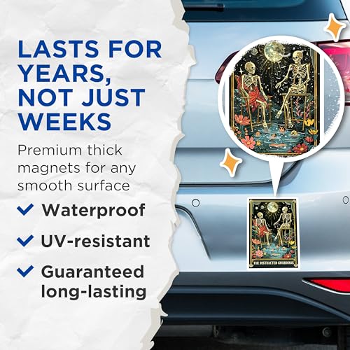 (2 Pack) Skeleton Art Magnet - Moonlight Skeleton Illustration - 5" On Longest Side - Sticks to Smooth Flat Surfaces - Made in USA - MAG10028