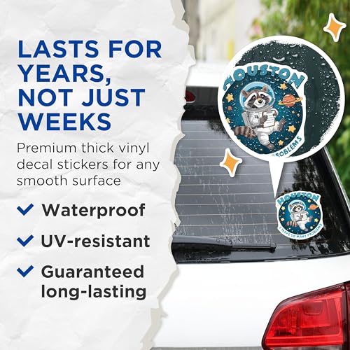 (2 Pack) Houston I Have So Many Problems Stickers - Funny Raccoon Astronaut Stickers - Space Adventure Stickers - 5" On Longest Side - Sticks to Smooth Flat Surfaces - Made in USA - BMCS4556