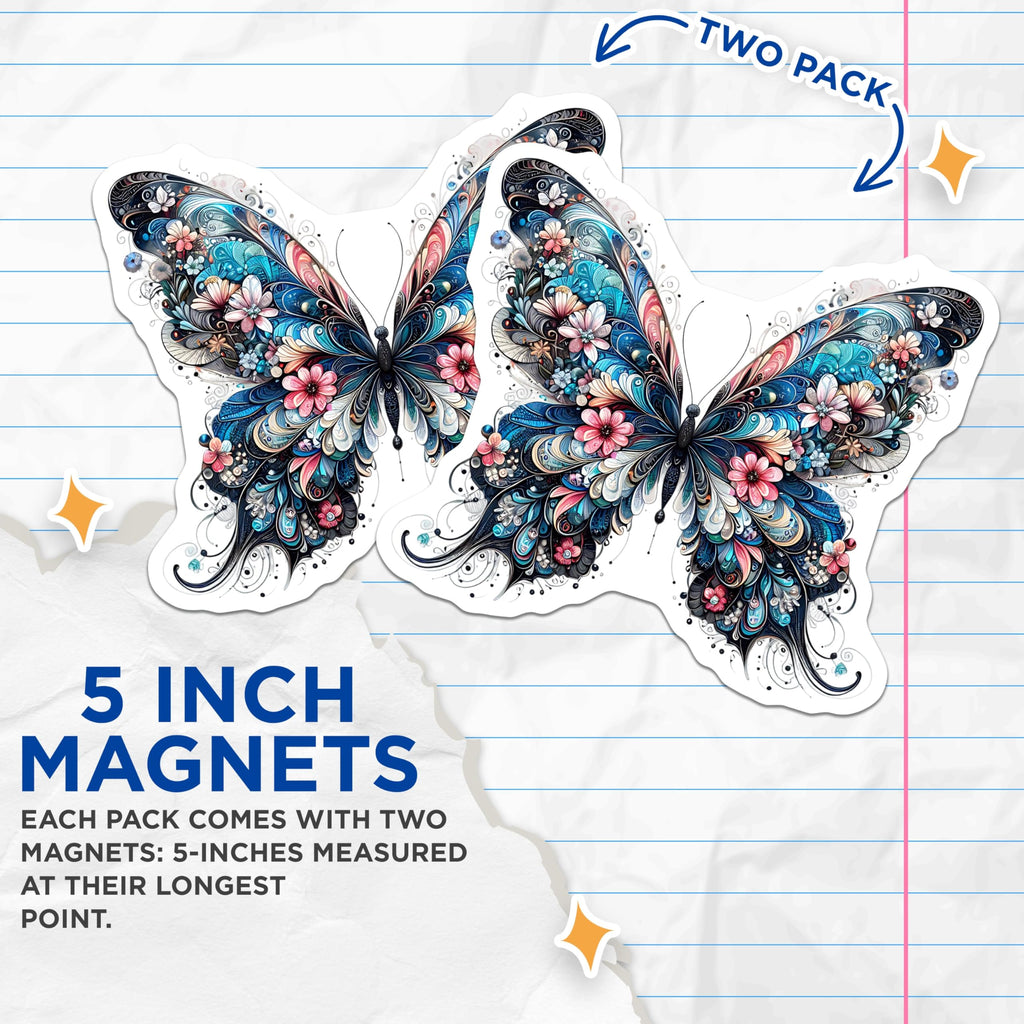 (2 Pack) Butterfly Magnets - Floral Wings - Fridge Magnets - 5" On Longest Side - Premium Magnet - for Cars, Refrigerators, Toolboxes, Lockers - Made in USA - MAG14325