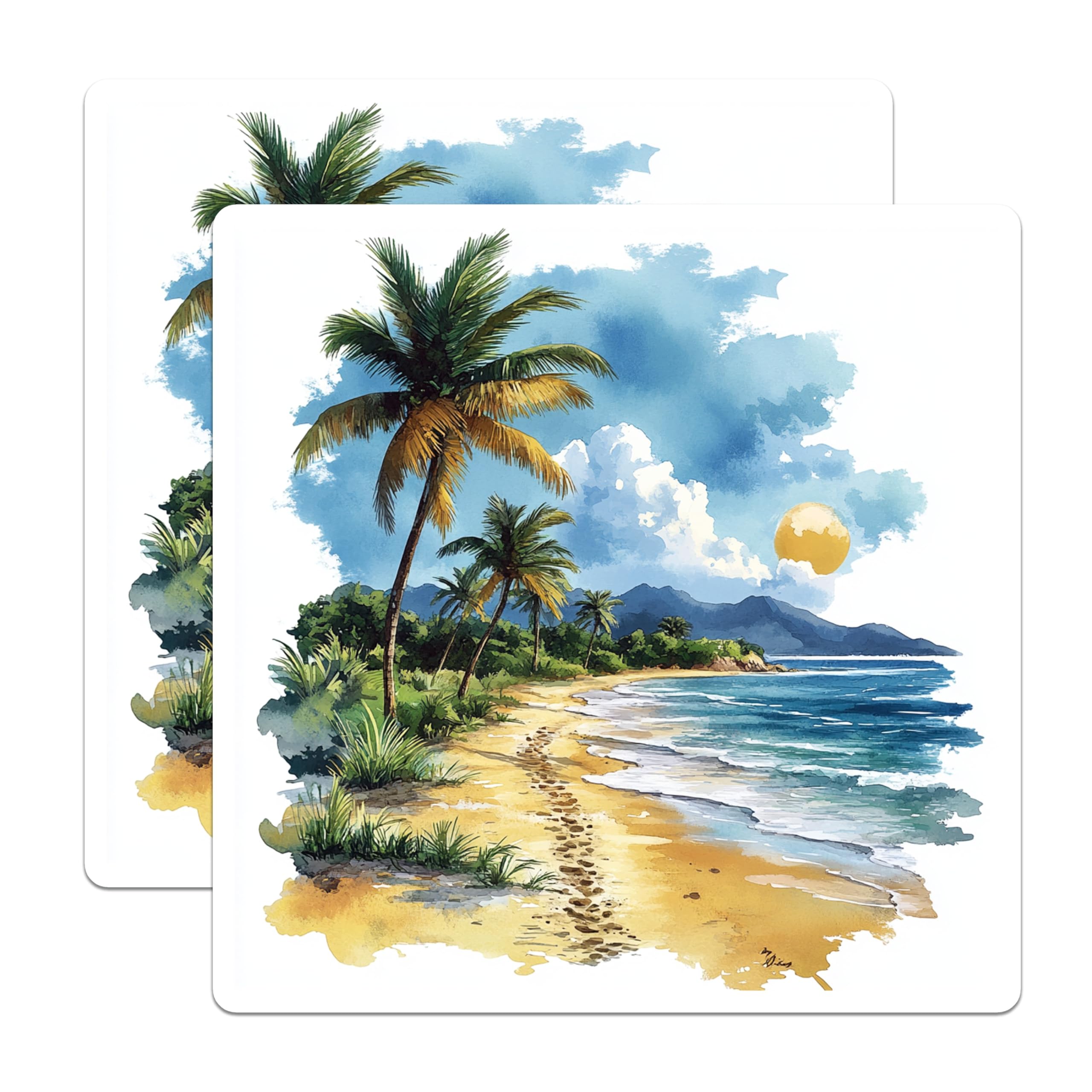 (2 Pack) Tropical Beach Magnets - Watercolor Seascape Art - Palm Trees Island Paradise Decor - 5 Inches On Longest Side - Thick Durable Magnet - Made in USA - MAG24215