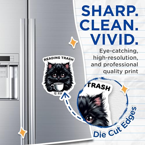 (2 Pack) Reading Trash is Fine Magnets - Black Cat Holding Coffee - Funny Quote Magnets - 5" On Longest Side - for Cars, Fridges, Toolboxes - Made in USA - MAG4596
