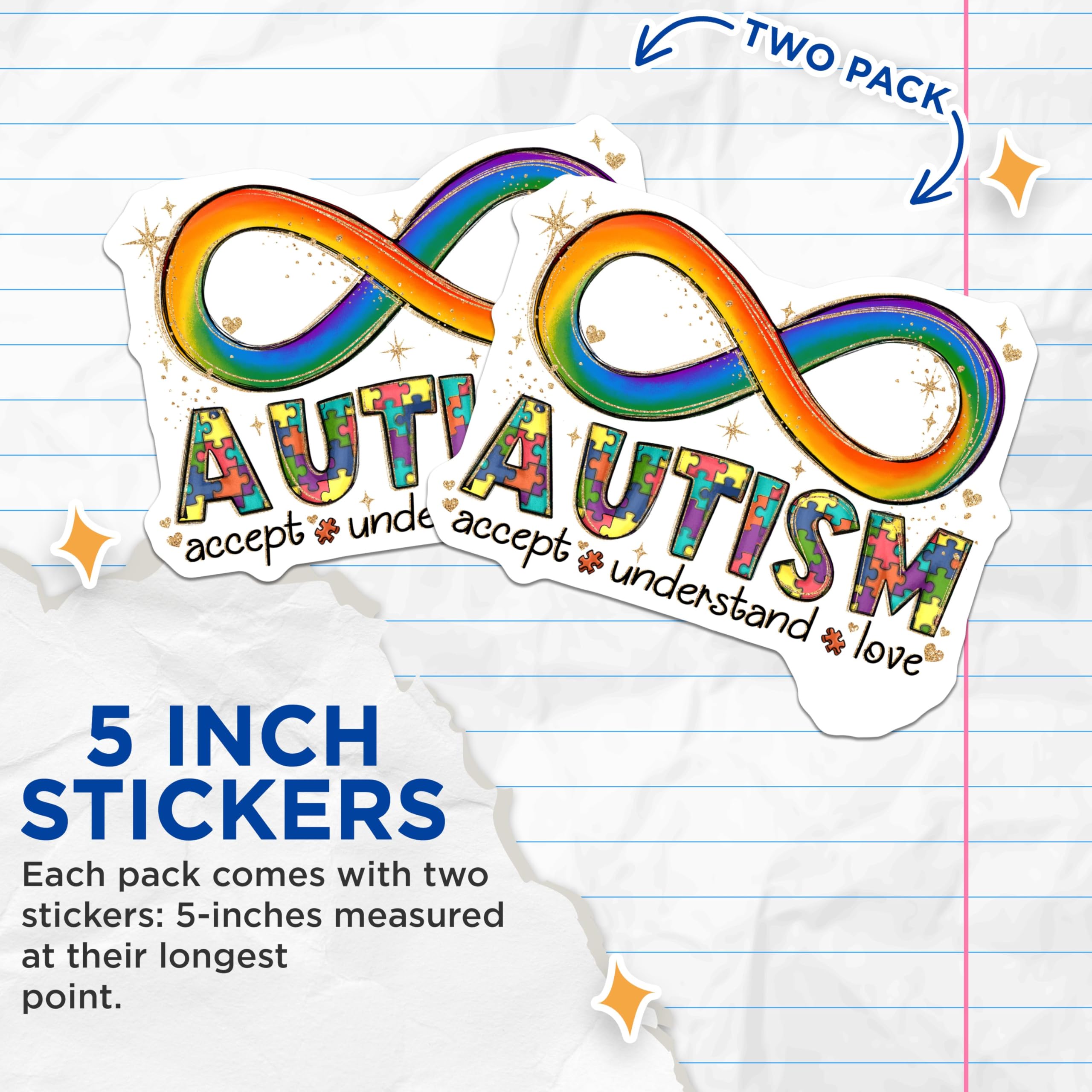 (2 Pack) Autism Aware Stickers - Rainbow Infinity Stickers - Accept Understand Love Decal - 5" On Longest Side - Sticks to Smooth Flat Surfaces - Made in USA - BMCS4156