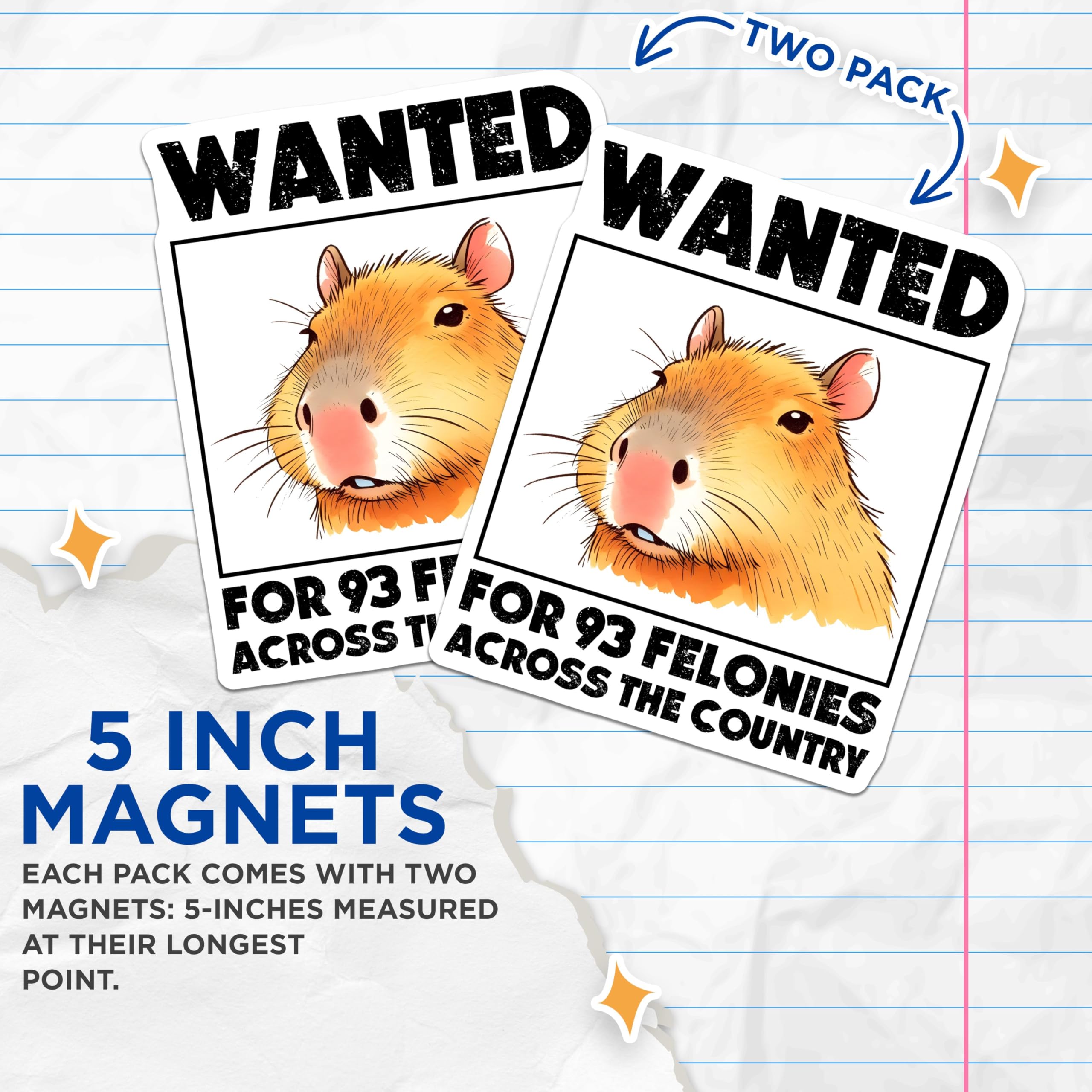 (2 Pack) Capybara Wanted 93 Felonies Magnets - Funny Capybara Joke Magnets - Animal Humor Fridge Magnets - 5" On Longest Side - for Cars, Refrigerators, Toolboxes, Lockers - Made in USA BMCS3255