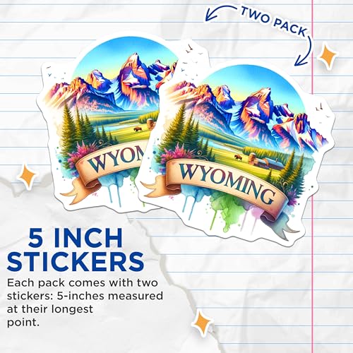 (2 Pack) Wyoming Landscape Stickers - Nature Mountain Range - Travel Destination Decal - 5" On Longest Side - Sticks to Smooth Flat Surfaces - Made in USA - BMCS6598