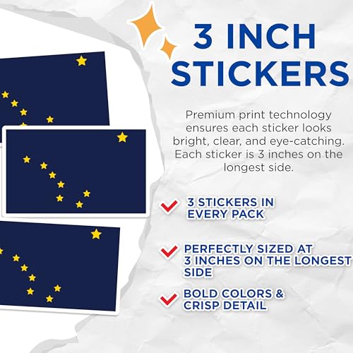 (3 Pack) Alaska Flag Decals - State Pride Decal - Laptop Decals - 3 Inches On Longest Side - Easy Peel & Apply - Made in USA - 3MCS0174