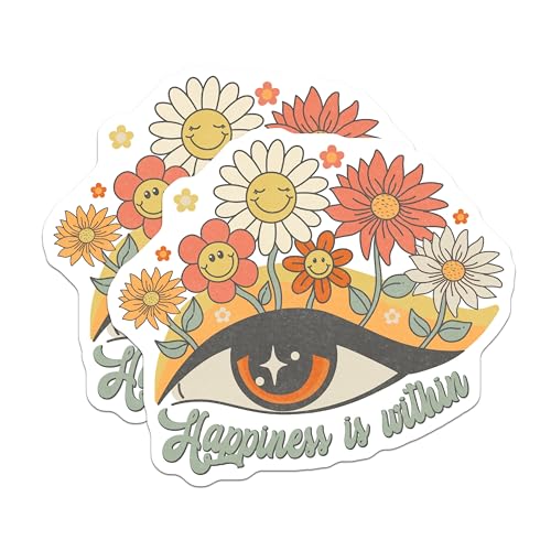 (2 Pack) Happiness is Within Stickers - Retro Floral Stickers - Positive Vinyl Decals - 5" On Longest Side - Sticks to Smooth Flat Surfaces - Made in USA - BMCS6189