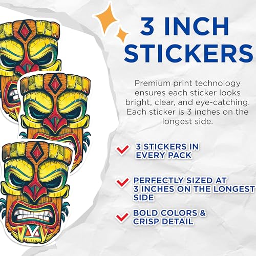(3 Pack) Tiki Mask Decals - Tribal Totem - Laptop Decals - 3 Inches On Longest Side - Easy Peel & Apply - Made in USA - 3MCS0608