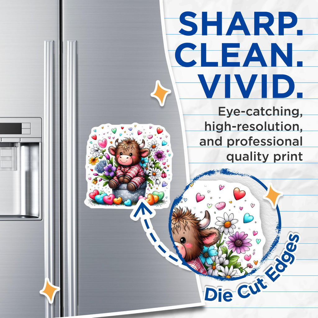 (2 Pack) Highland Cow Magnets - Cute Cow Decor - Flower Power Magnet Set - 5" On Longest Side - Premium Magnet - for Cars, Refrigerators, Toolboxes, Lockers - Made in USA - MAG15091