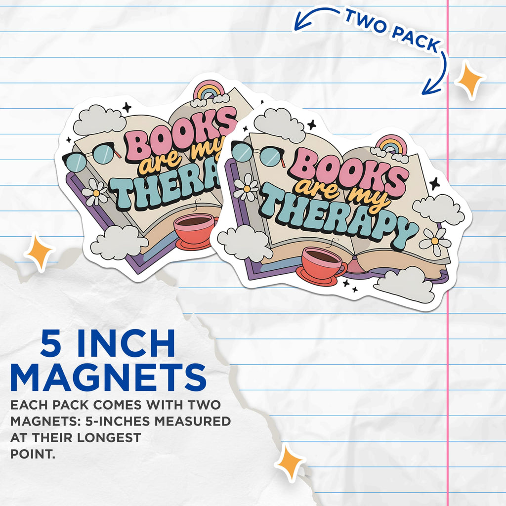 (2 Pack) Book Lover Magnets - Reading Therapy Quote - Retro Bookworm Cozy Aesthetic Decor - 5 Inches On Longest Side - Thick Durable Magnet - Made in USA - MAG20296
