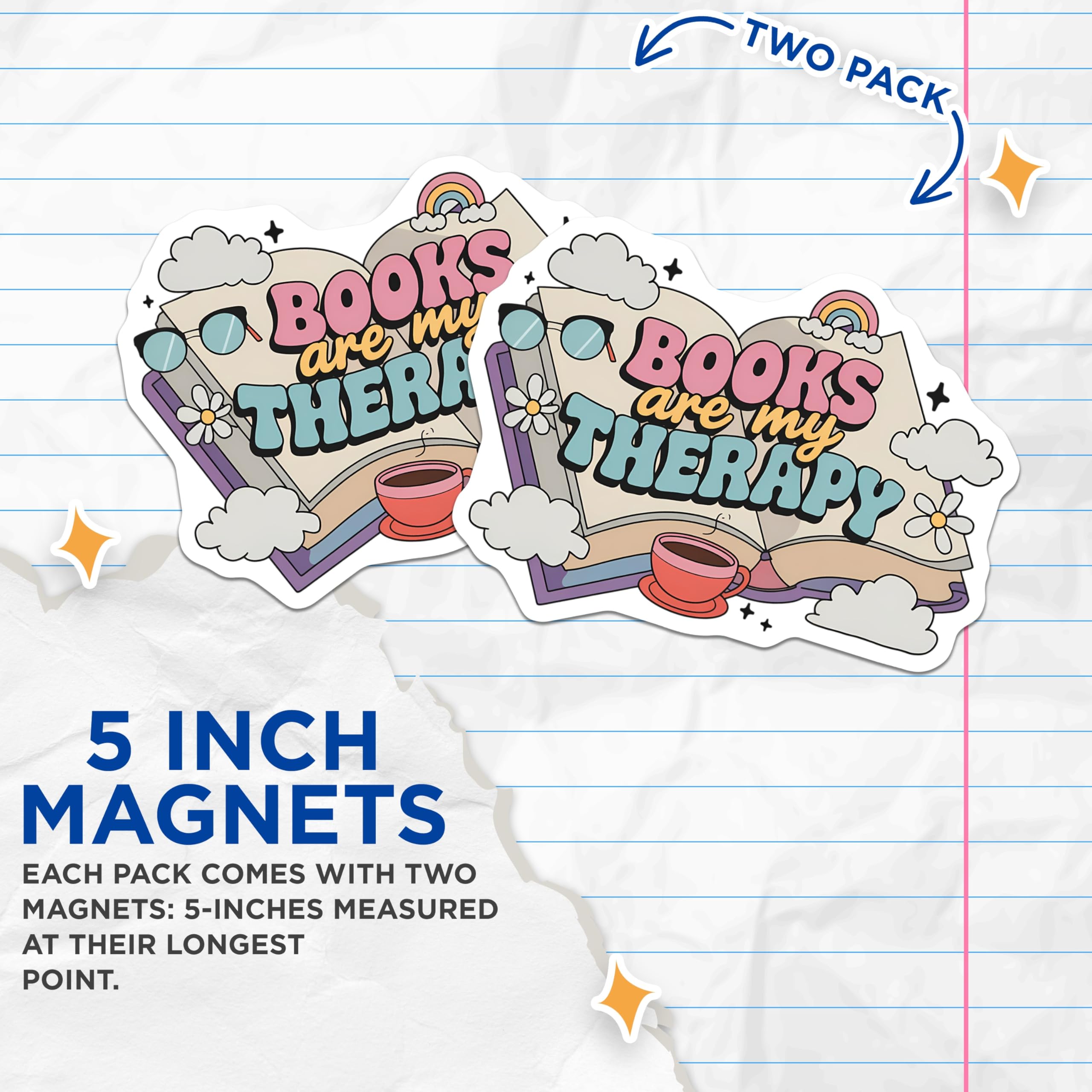 (2 Pack) Book Lover Magnets - Reading Therapy Quote - Retro Bookworm Cozy Aesthetic Decor - 5 Inches On Longest Side - Thick Durable Magnet - Made in USA - MAG20296