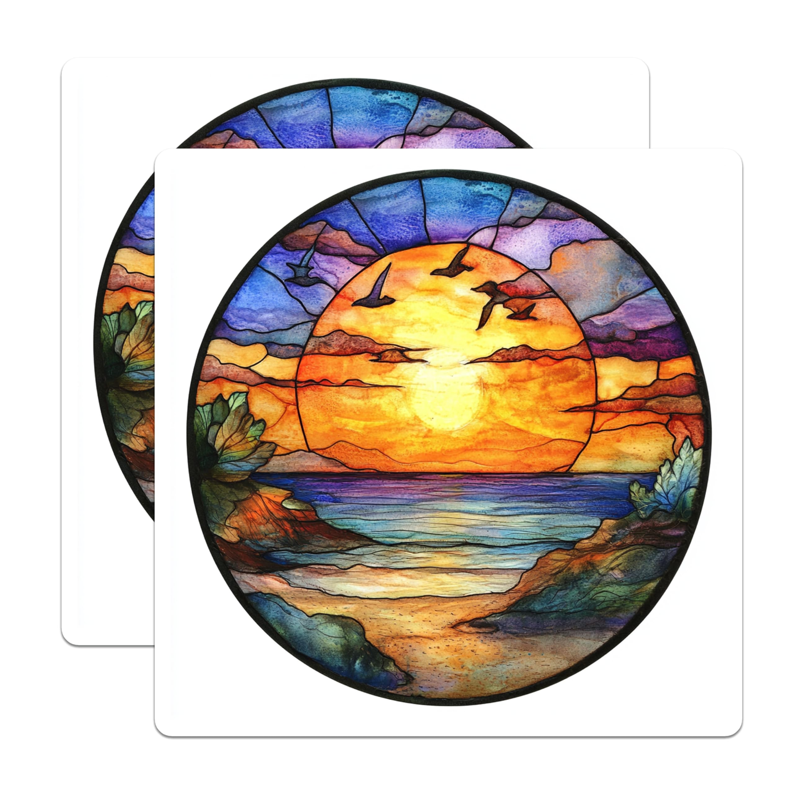 (2 Pack) Stained Glass Sunset Magnets - Ocean Beach Scene Art - Coastal Home Refrigerator Decor - Aesthetic Nature Inspired - 5 Inches On Longest Side - Thick Durable Magnet - Made in USA - MAG25618