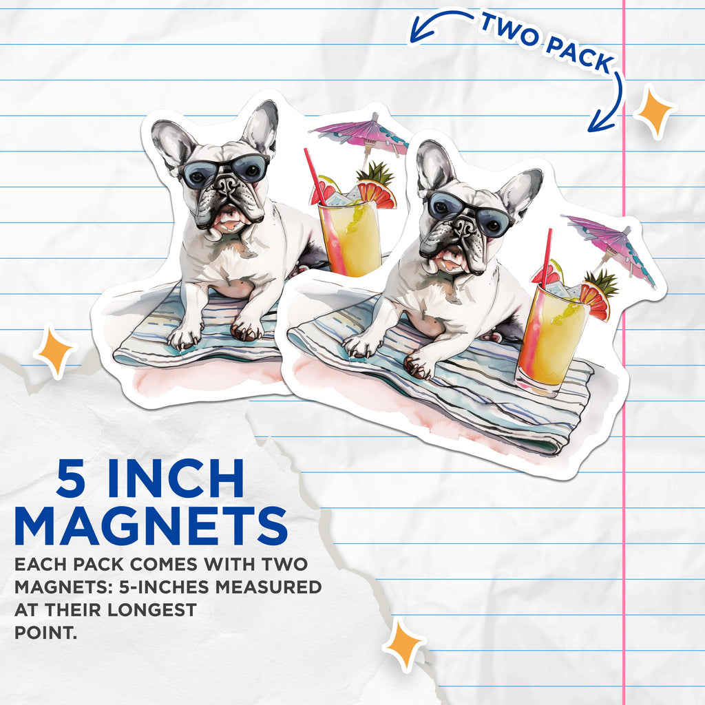 (2 Pack) French Bulldog Magnets - Summer Drink Magnets - Dog Lover Refrigerator Decor - 5 Inches On Longest Side - Thick Durable Magnet - Made in USA - MAG37403