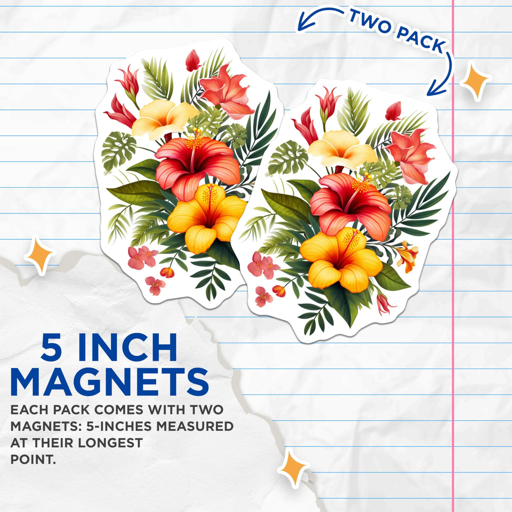 (2 Pack) Tropical Hibiscus Magnets - Vibrant Floral Bouquet - Exotic Botanical Art Decor - 5 Inches On Longest Side - Thick Durable Magnet - Made in USA - MAG19890