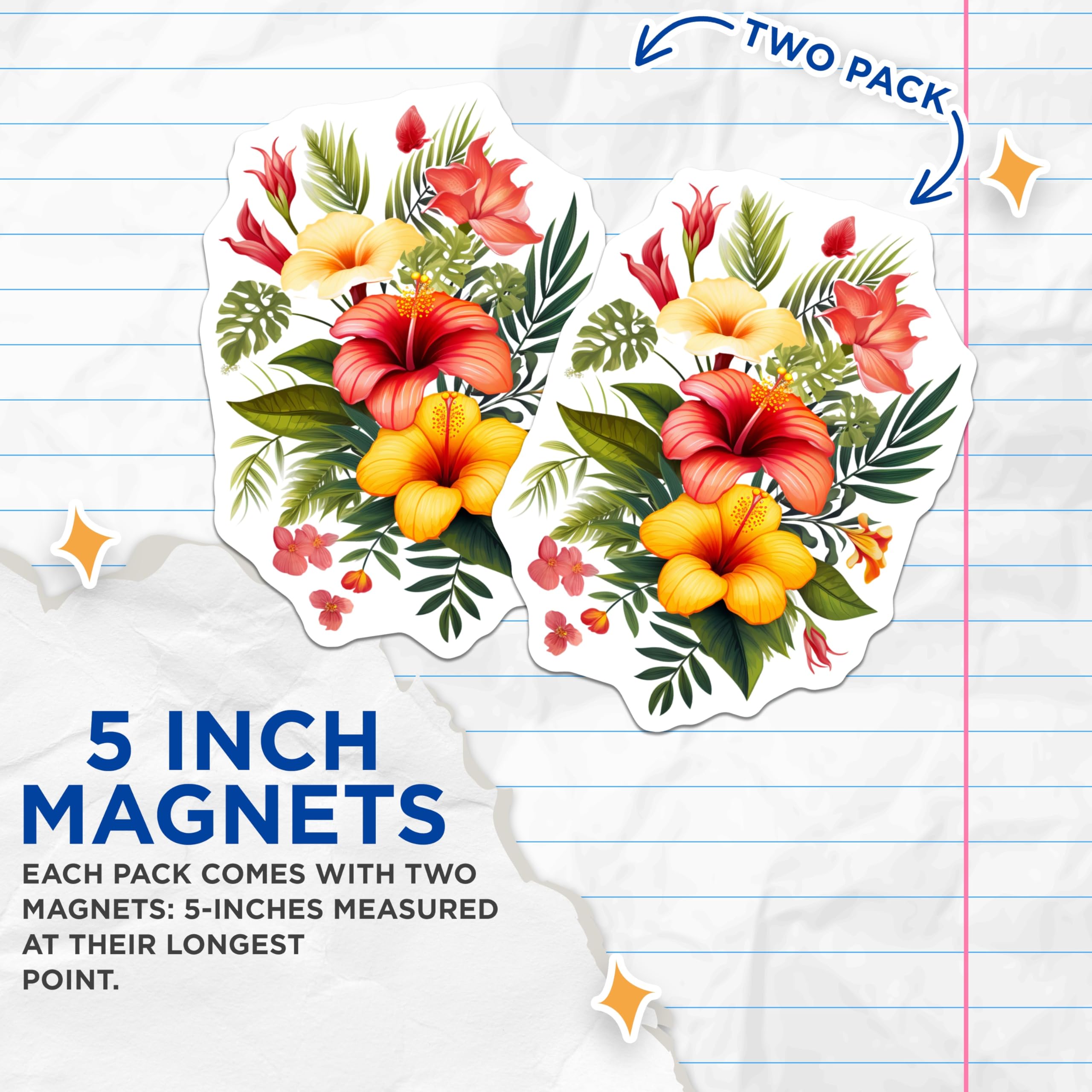 (2 Pack) Tropical Hibiscus Magnets - Vibrant Floral Bouquet - Exotic Botanical Art Decor - 5 Inches On Longest Side - Thick Durable Magnet - Made in USA - MAG19890