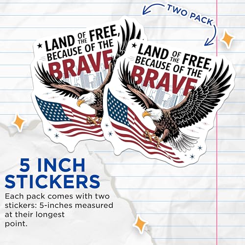(2 Pack) Land of The Free Stickers - Patriotic Eagle - American Pride Sticker Pack - 5" On Longest Side - Sticks to Smooth Flat Surfaces - Made in USA - BMCS6211