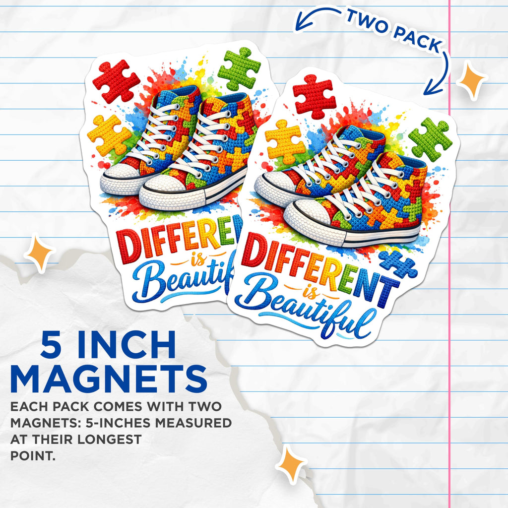 (2 Pack) Autism Awareness Magnets - Puzzle Piece Sneakers - Different is Beautiful Message - Neurodiversity Inclusion Decor - 5 Inches On Longest Side - Thick Durable Magnet - Made in USA - MAG21981