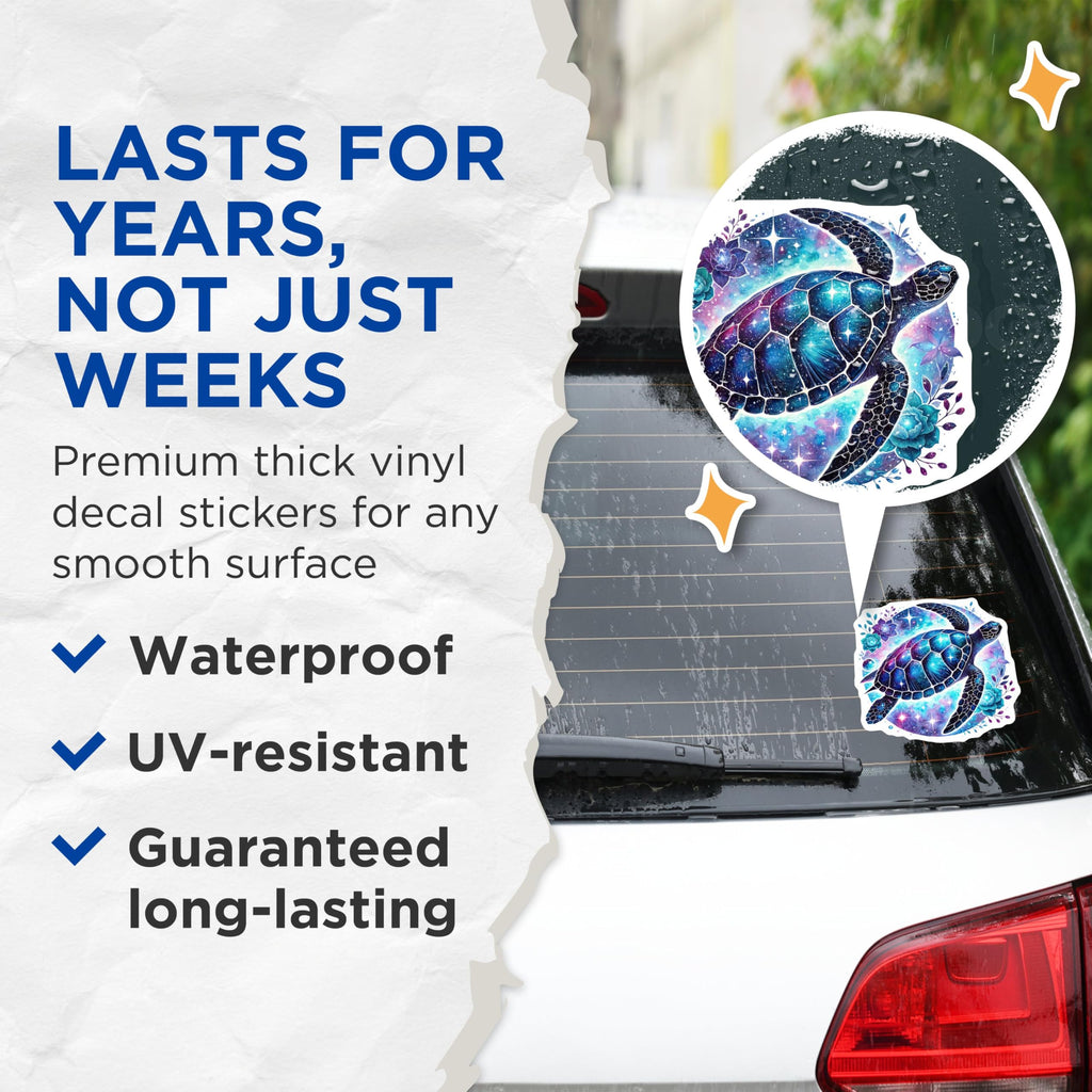 (2 Pack) Sea Turtle Stickers - Galaxy Turtle Decal - Space Themed Animal Stickers - 5" On Longest Side - Sticks to Smooth Flat Surfaces - Made in USA - BMCS4501