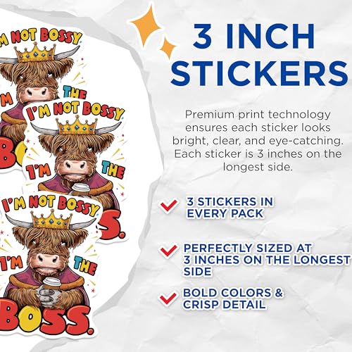 (3 Pack) Highland Cow Decals - Funny Boss Cow - Sassy Cow Decal - 3 Inches On Longest Side - Easy Peel & Apply - Made in USA - 3MCS0908