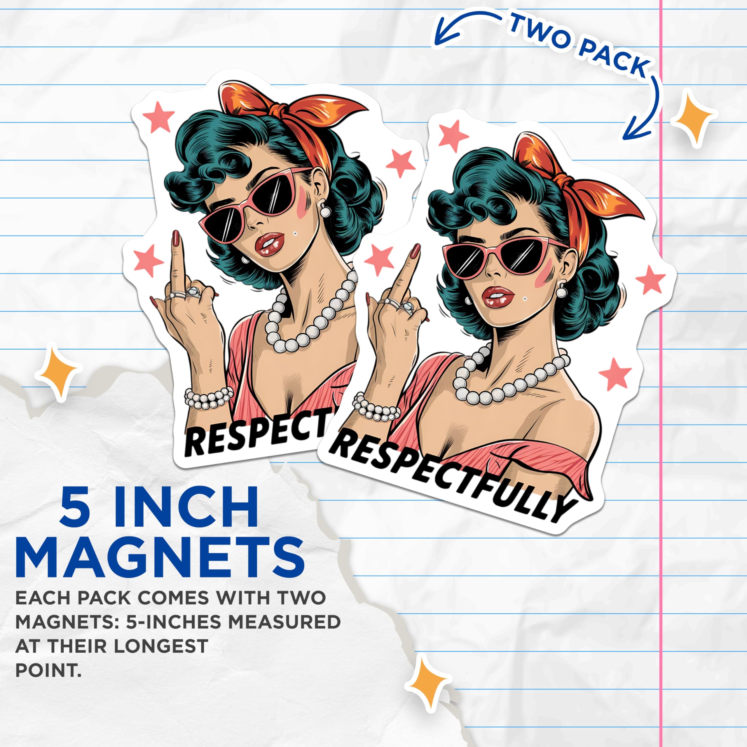 (2 Pack) Sassy Woman Magnets - Pop Art Middle Finger Artwork - Respectfully Attitude Decor - Retro Pinup Fridge Accessory - 5 Inches On Longest Side - Thick Durable Magnet - Made in USA - MAG21997