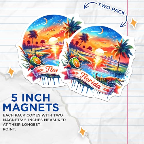 (2 Pack) Florida Sunset Magnets - Tropical Beach Scene - Vibrant Florida Landscape - 5" On Longest Side - for Cars, Fridges, Toolboxes - Made in USA - MAG6659