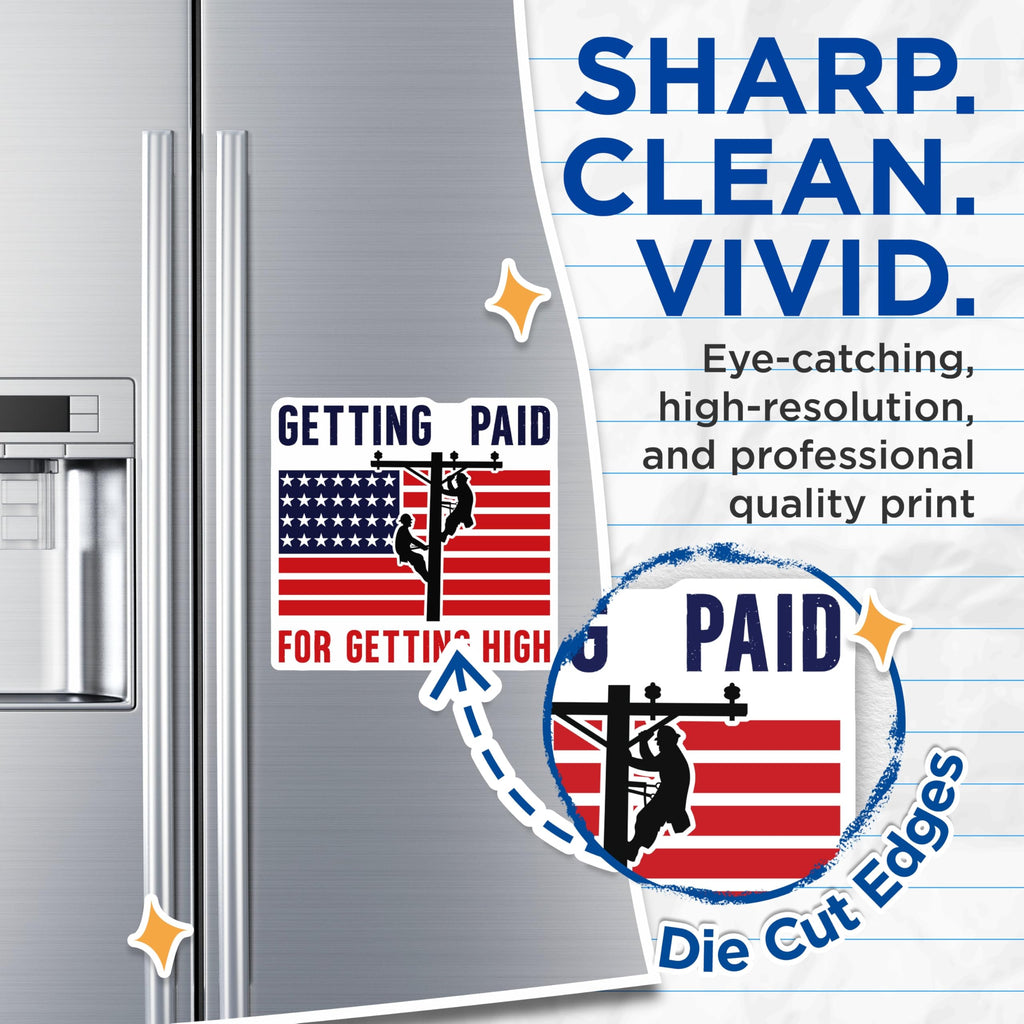 (2 Pack) Funny Lineman Magnets - Getting Paid for Getting High - Electrician Utility Pole Worker - American Flag Patriot - 5 Inches On Longest Side - Thick Durable Magnet - Made in USA - MAG20295