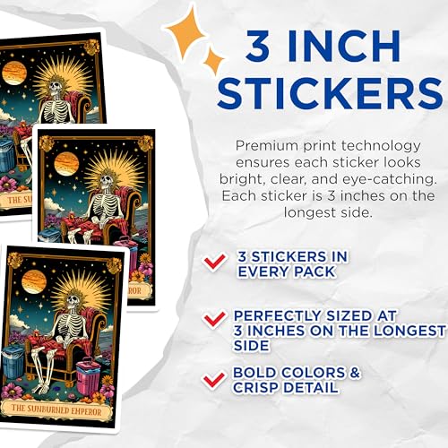(3 Pack) Sunburned Emperor Decals - Skeleton Art - Relaxing Skull Decal - 3 Inches On Longest Side - Easy Peel & Apply - Made in USA - 3MCS0028