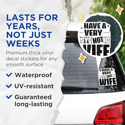 (2 Pack) Funny Wife Stickers - Psychotic Wife Decal - Humorous Spouse Sticker - 5" On Longest Side - Sticks to Smooth Flat Surfaces - Made in USA - BMCS6160