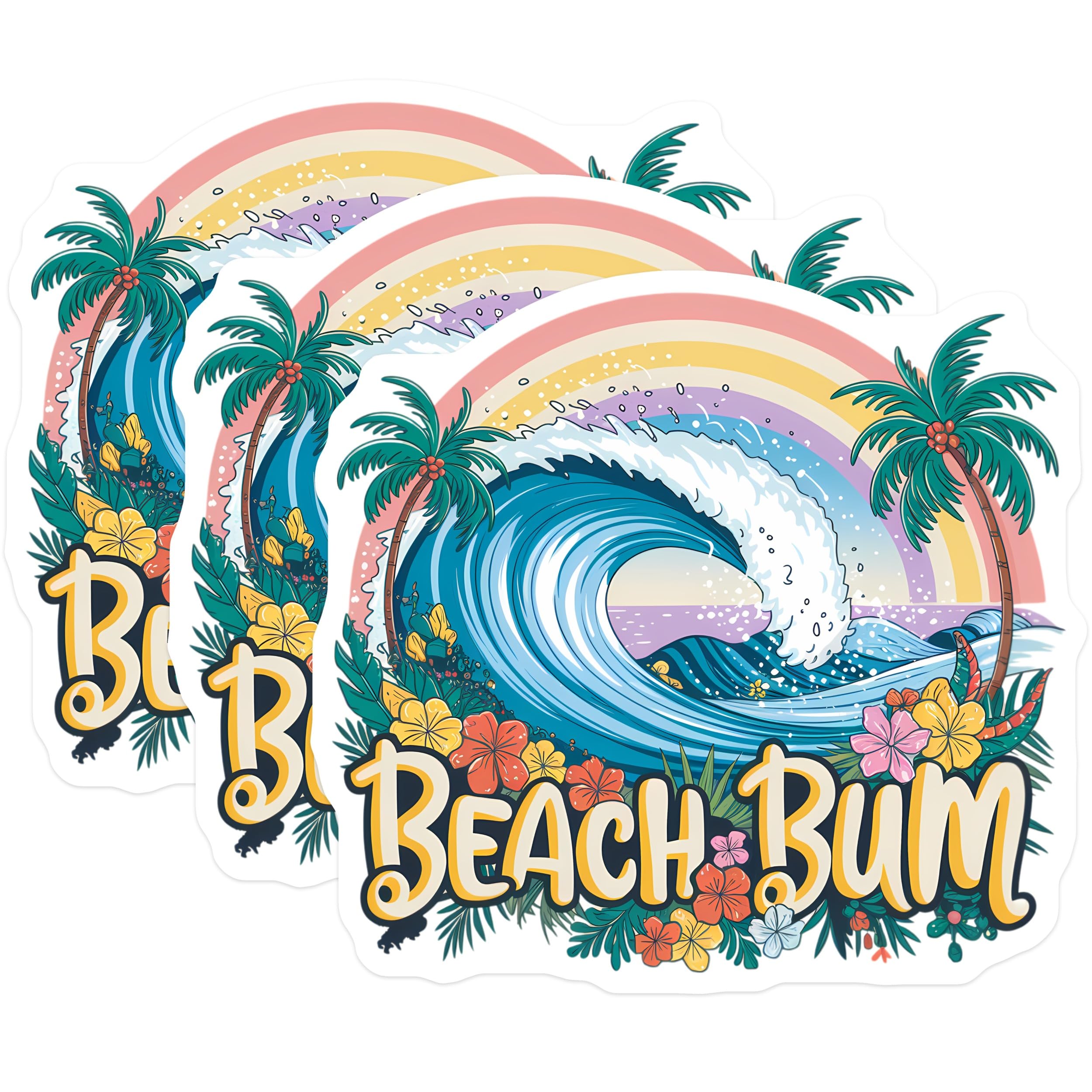 (3 Pack) Beach Bum Decals - Tropical Wave - Rainbow Palm Tree - 3 Inches On Longest Side - Easy Peel & Apply - Made in USA - 3MCS8354