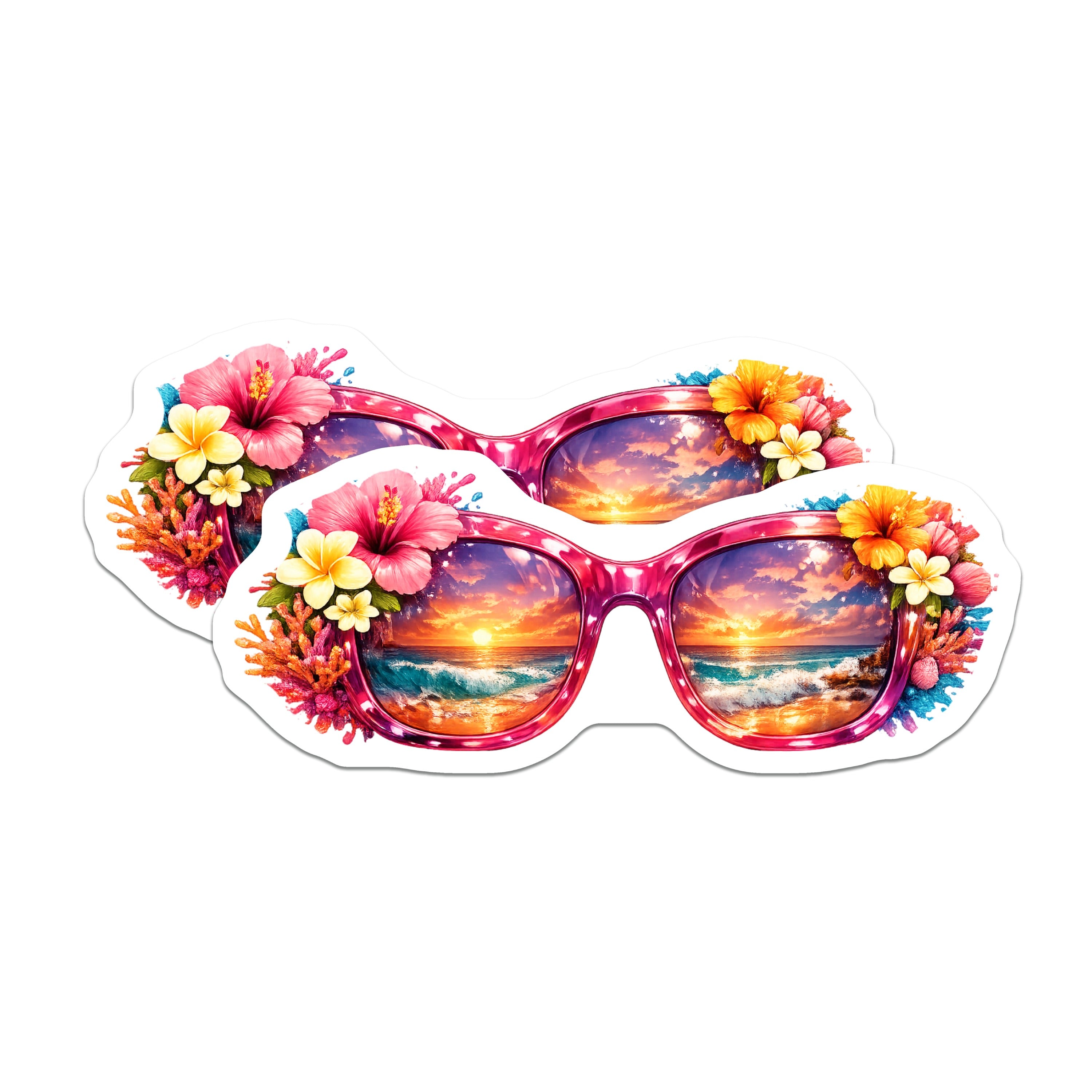 (2 Pack) Tropical Sunset Beach Magnets - Hawaii Vacation Decor - Floral Sunglasses Summer Fridge Magnets - 5 Inches On Longest Side - Thick Durable Magnet - Made in USA - MAG37586