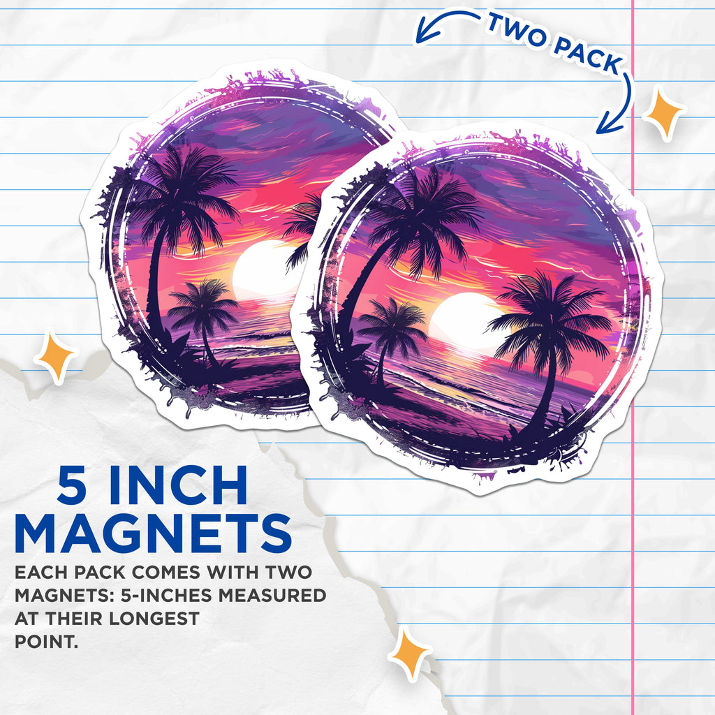 (2 Pack) Tropical Sunset Magnets - Beach Ocean Aesthetic Decor - Palm Tree Vibrant Art - 5 Inches On Longest Side - Thick Durable Magnet - Made in USA - MAG37101