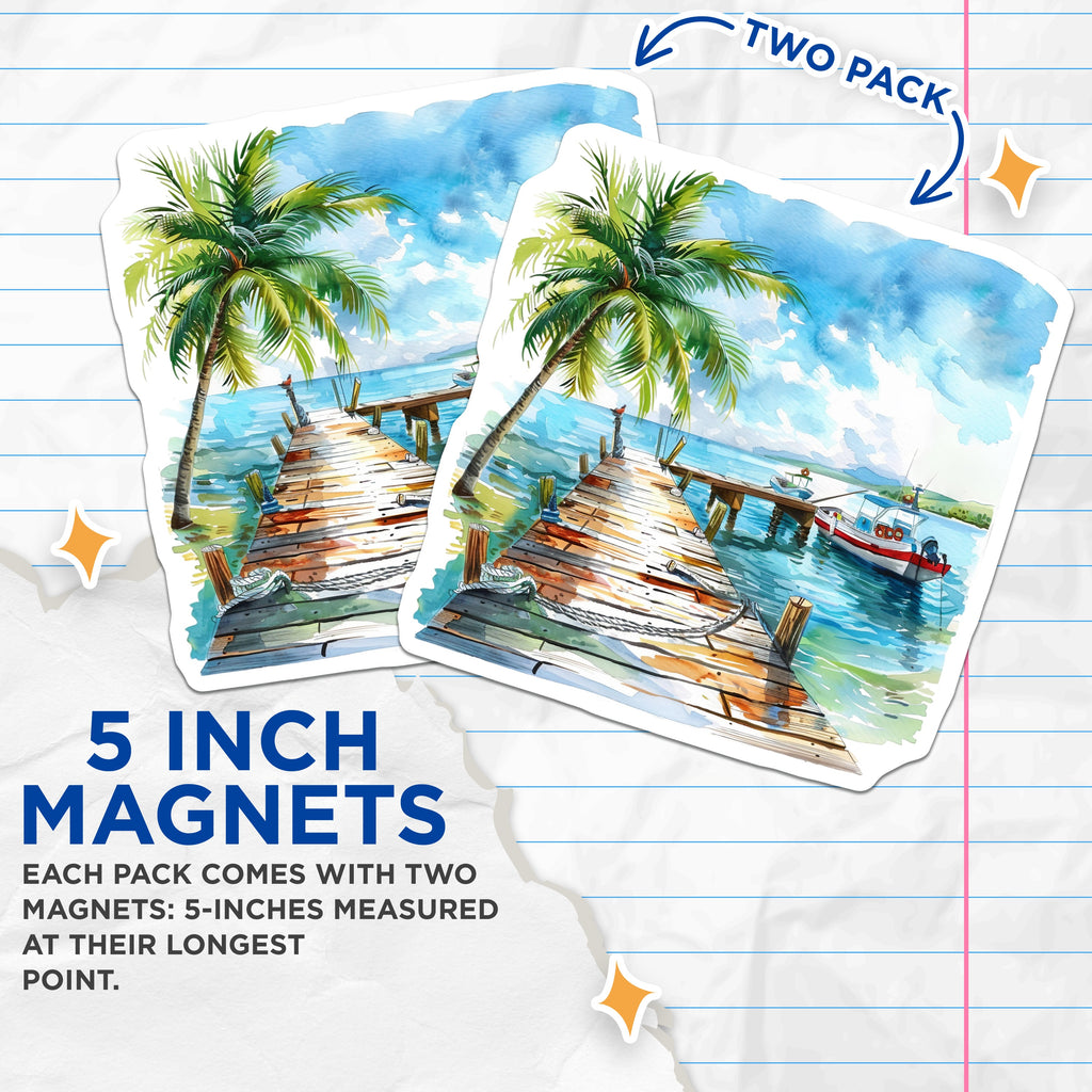 (2 Pack) Tropical Beach Scene Magnets - Watercolor Ocean Pier - Coastal House Decor - Relaxing Island Art - 5 Inches On Longest Side - Thick Durable Magnet - Made in USA - MAG37670