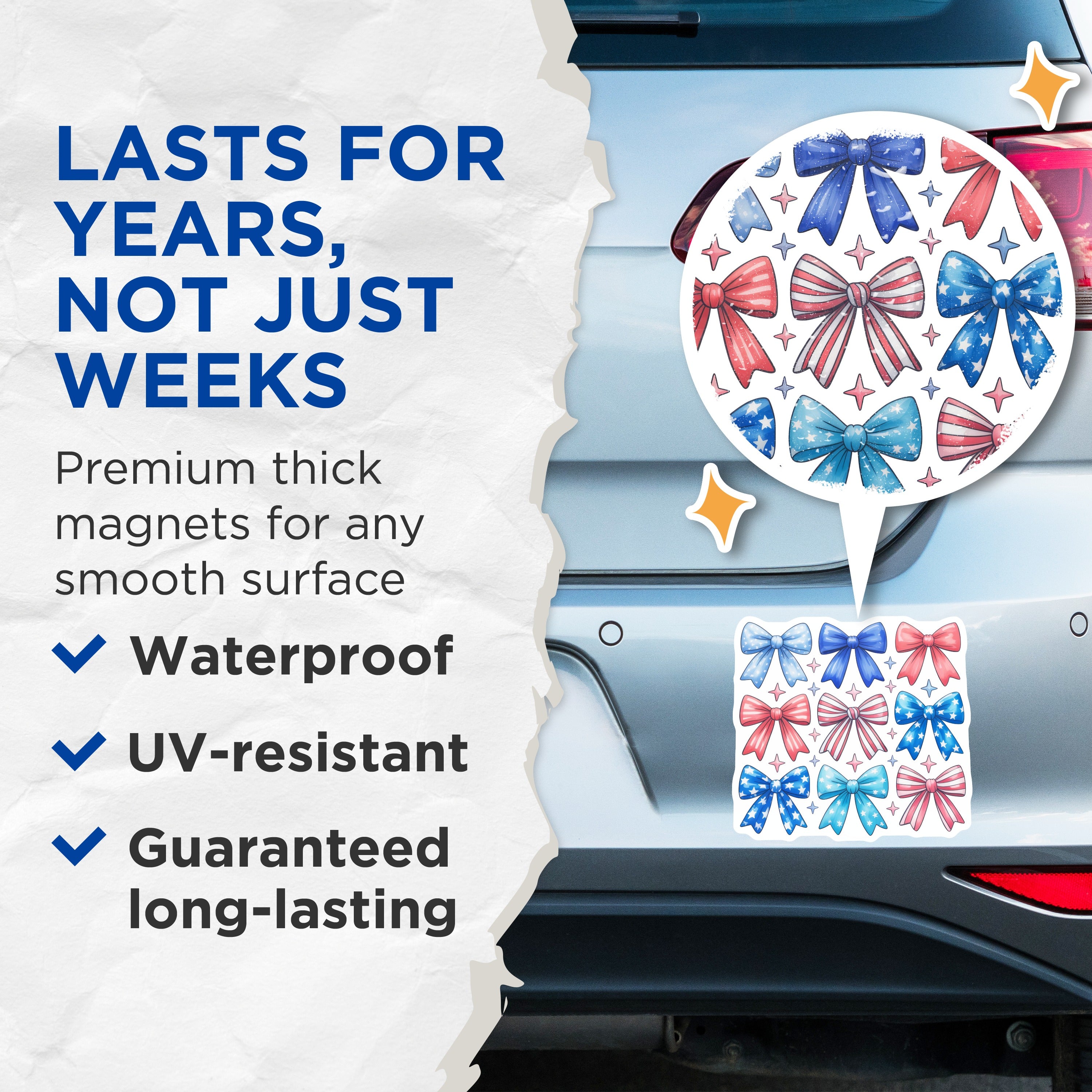(2 Pack) Red White Blue Bows Magnets - Patriotic Decor - July 4th Refrigerator Decorations - Memorial Day - 5 Inches On Longest Side - Thick Durable Magnet - Made in USA - MAG36972