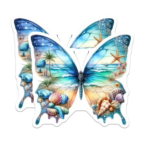 (2 Pack) Beach Butterfly Stickers - Coastal Nature Sticker - Sea Life Adventure Sticker - 5" On Longest Side - Sticks to Smooth Flat Surfaces - Made in USA - BMCS6716