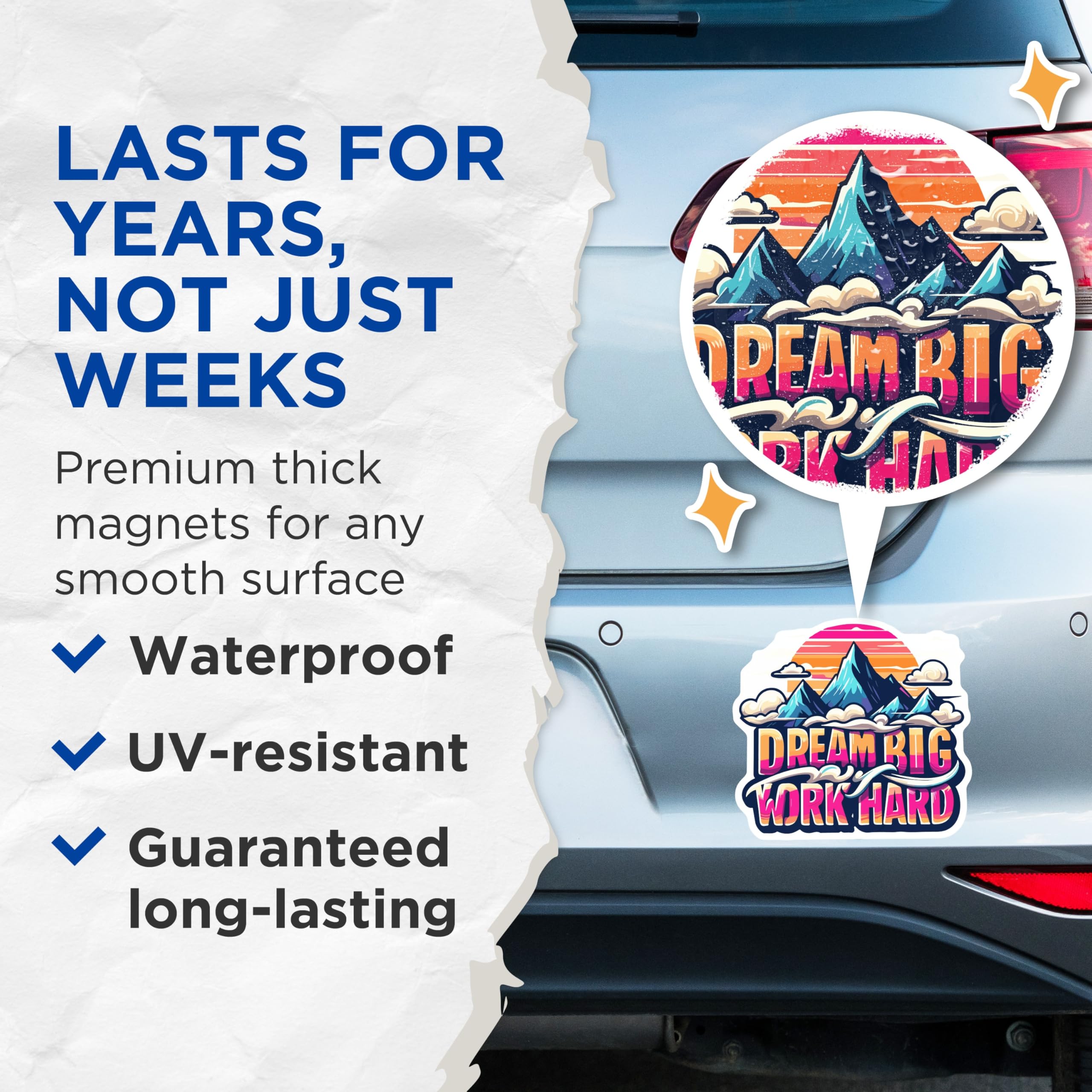 (2 Pack) Motivational Quote Magnets - Dream Big Work Hard Art - Mountain Landscape Sunset Inspiration Decor - 5 Inches On Longest Side - Thick Durable Magnet - Made in USA - MAG20150