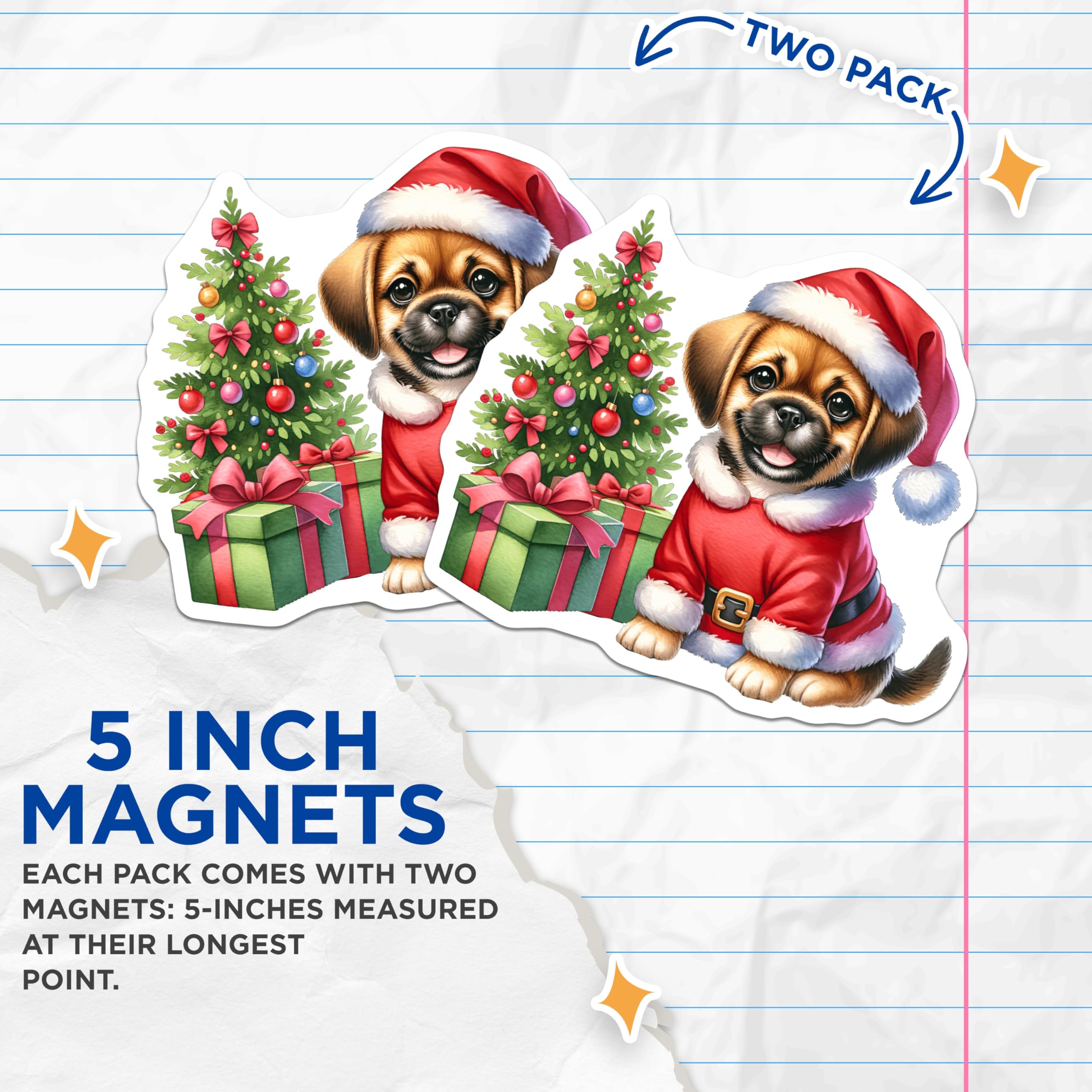 (2 Pack) Christmas Puppy Magnets - Santa Dog Refrigerator Decor - Festive Holiday Kitchen Animal Art - Winter Season Accent - 5 Inches On Longest Side - Thick Durable Magnet - Made in USA - MAG23639