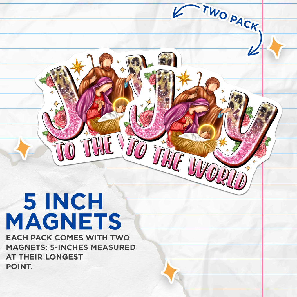 (2 Pack) Joy to the World Magnets - Christmas Nativity Scene - Holy Family Joseph Mary Jesus - Christian Religious Decor - 5 Inches On Longest Side - Thick Durable Magnet - Made in USA - MAG24877