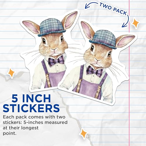 (2 Pack) Cute Bunny Stickers - Rabbit with Hat - Adorable Animal Decals for Laptop and Scrapbook - 5" On Longest Side - Sticks to Smooth Flat Surfaces - Made in USA - BMCS9503