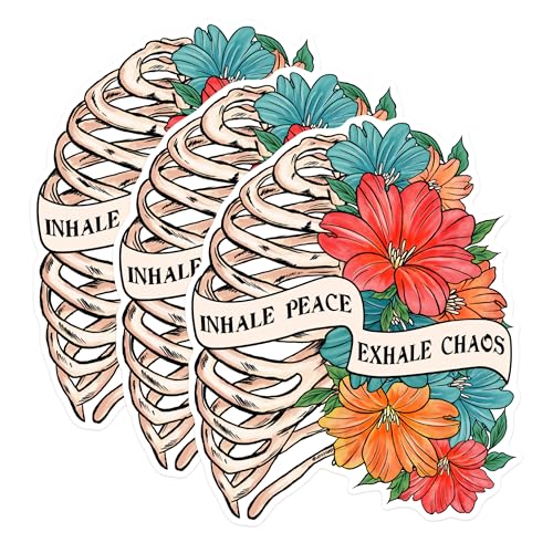 (3 Pack) Inhale Peace Decals - Exhale Chaos Decal - Floral Rib Cage Decal - 3 Inches On Longest Side - Easy Peel & Apply - Made in USA - 3MCS1790