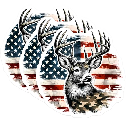 (3 Pack) Deer American Flag Decals - Camo Hunting - Laptop Decal - Patriotic - 3 Inches On Longest Side - Easy Peel & Apply - Made in USA - 3MCS8595