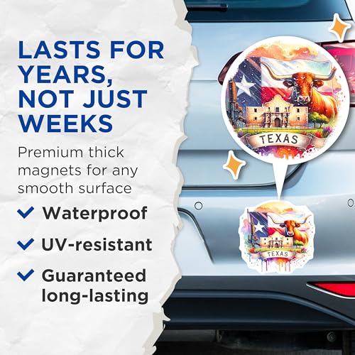 (2 Pack) Texas Flag Magnets - Longhorn and Alamo - Texas State Symbol Magnets - 5" On Longest Side - for Cars, Fridges, Toolboxes - Made in USA - MAG6908