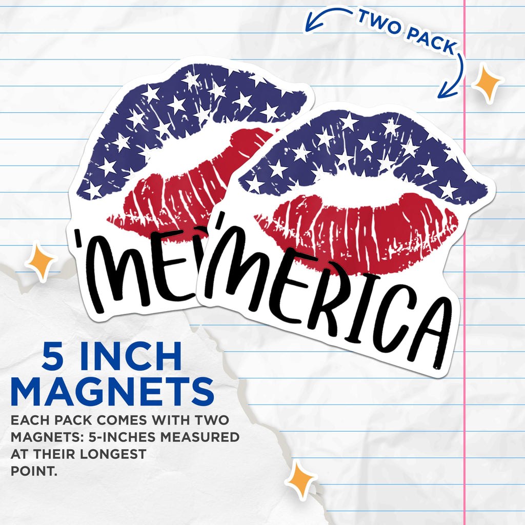 (2 Pack) Patriotic Merica Magnets - American Flag Kiss Lips Design - Independence Day 4th of July Refrigerator Locker Decor - 5 Inches On Longest Side - Thick Durable Magnet - Made in USA - MAG24991