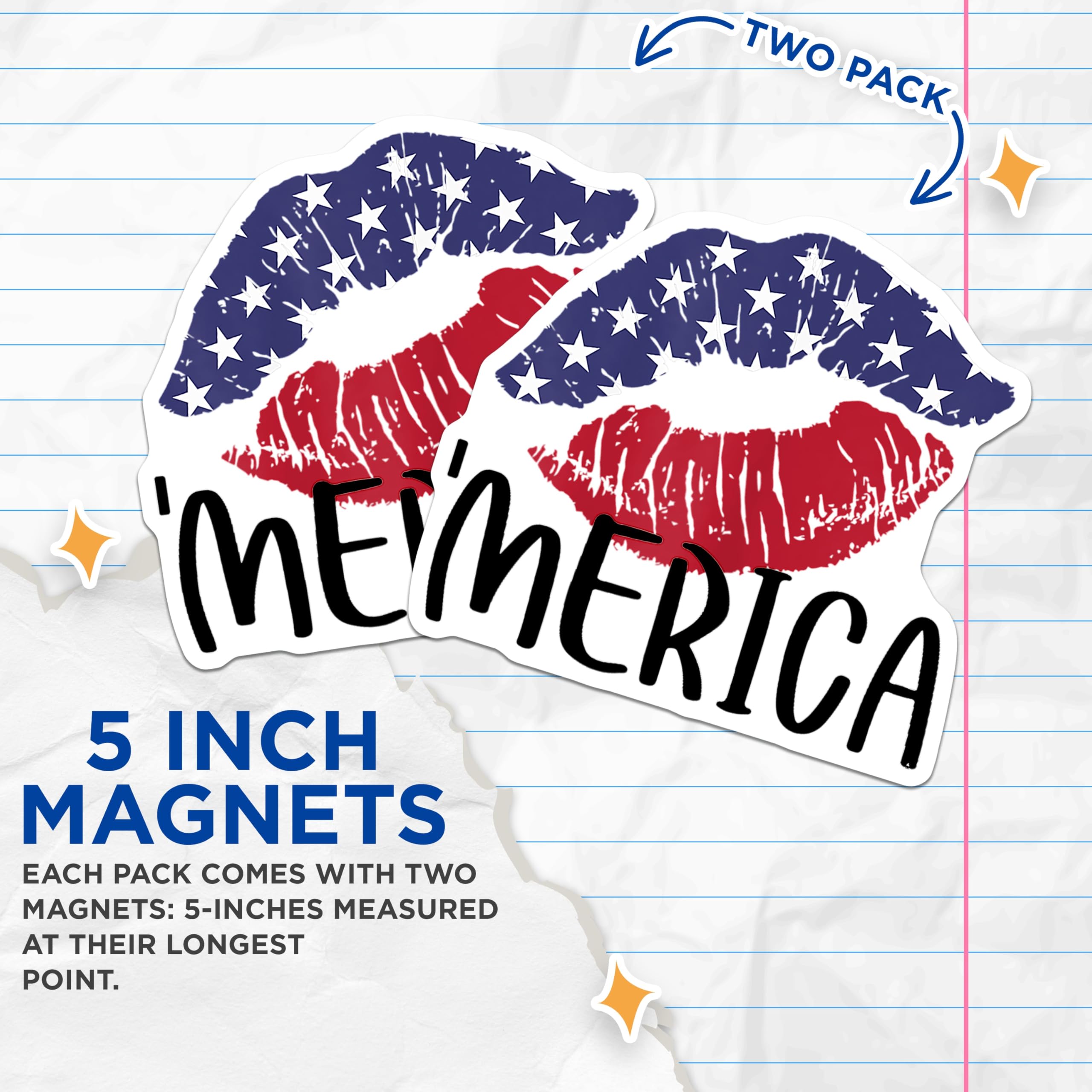 (2 Pack) Patriotic Merica Magnets - American Flag Kiss Lips Design - Independence Day 4th of July Refrigerator Locker Decor - 5 Inches On Longest Side - Thick Durable Magnet - Made in USA - MAG24991