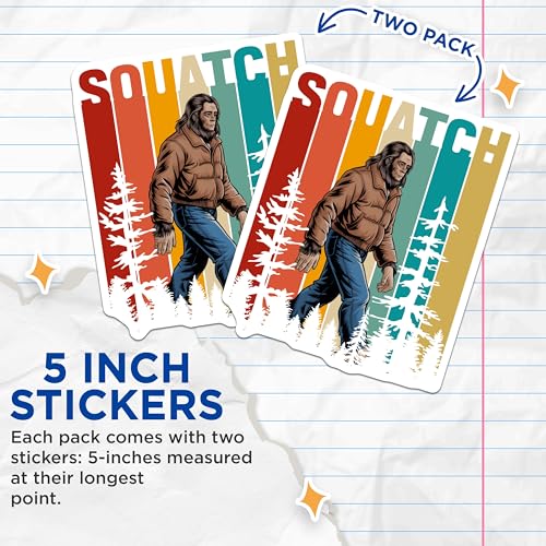 (2 Pack) Bigfoot Sasquatch Retro Stickers - Funny Bigfoot Crypto Zoology - Outdoor Adventure - 5" On Longest Side - Sticks to Smooth Flat Surfaces - Made in USA - BMCS5323